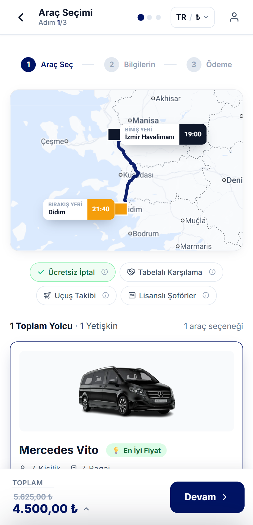Acentem mobil görünüm — transfer araç seçimi ekranı
